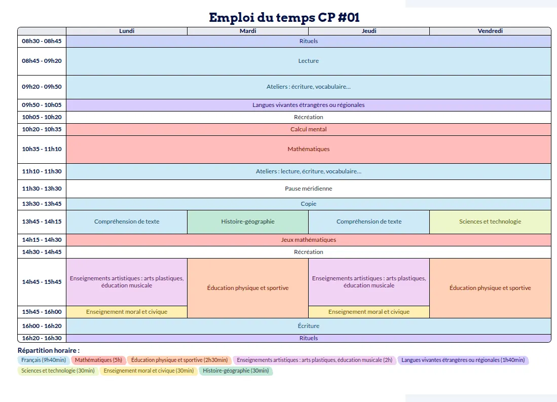 Modèle d'emploi du temps CP - aperçu
