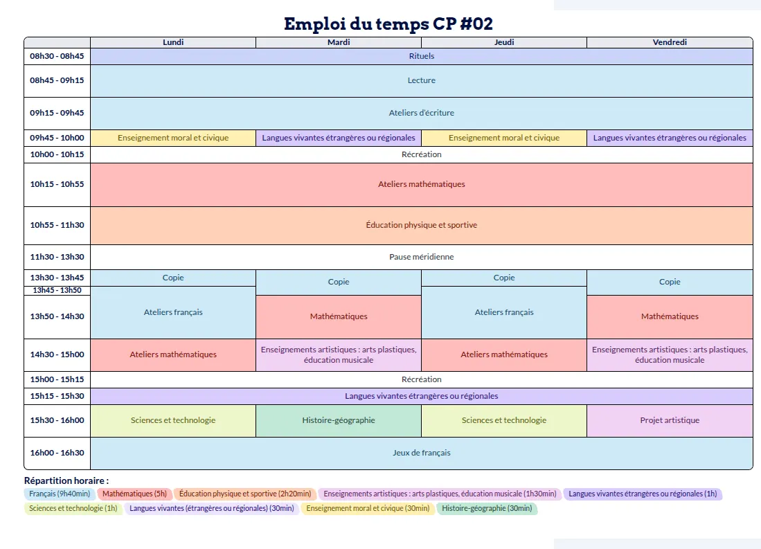 Modèle d'emploi du temps CP - aperçu