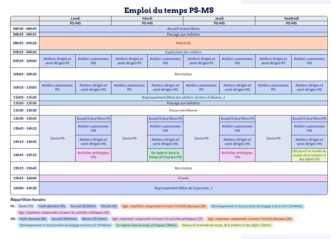 Modèle d'emploi du temps Maternelle - aperçu