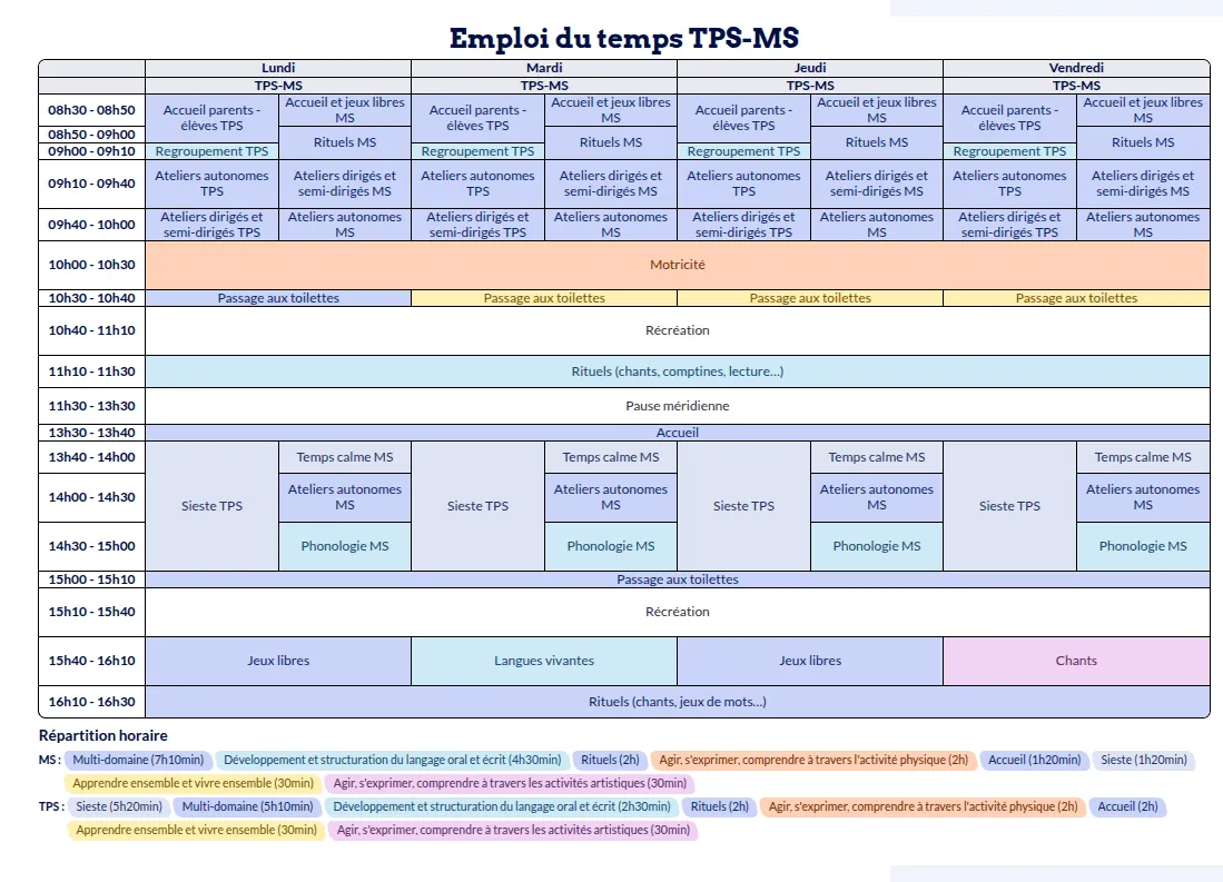 Modèle d'emploi du temps Maternelle - aperçu
