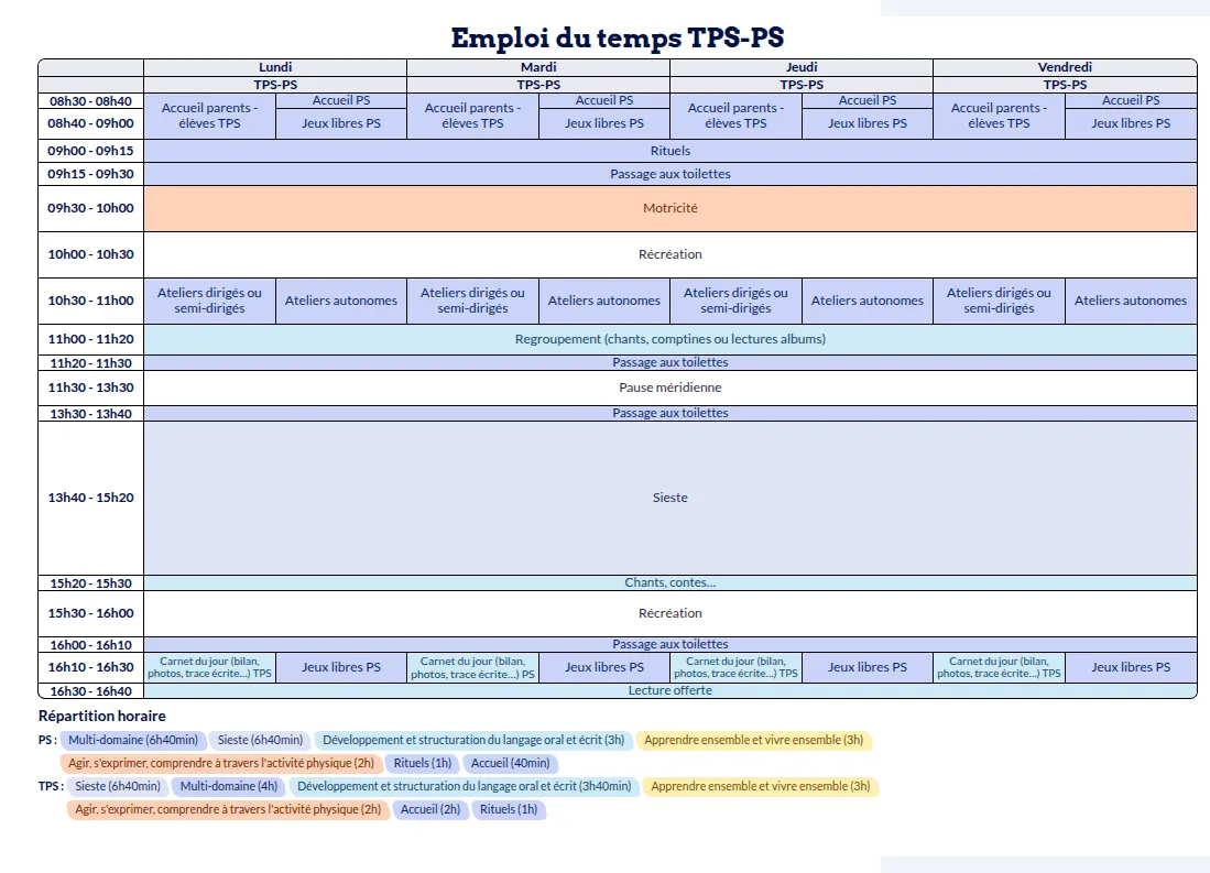 Modèle d'emploi du temps Maternelle - aperçu