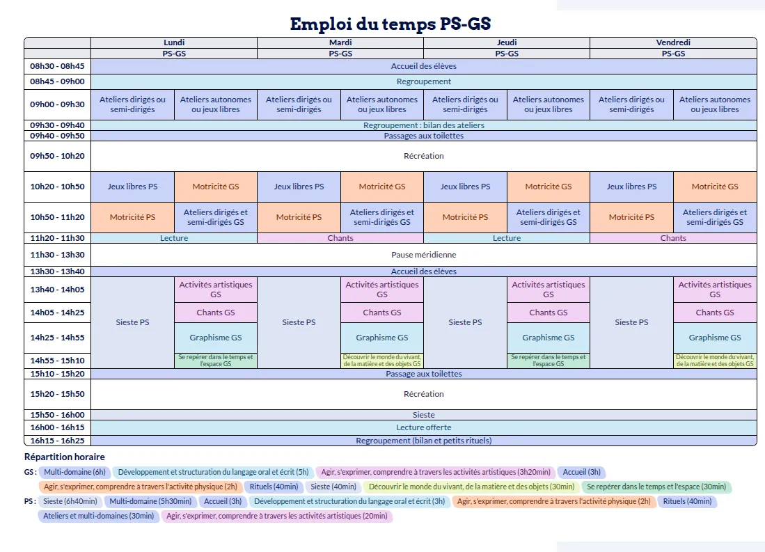 Modèle d'emploi du temps Maternelle - aperçu
