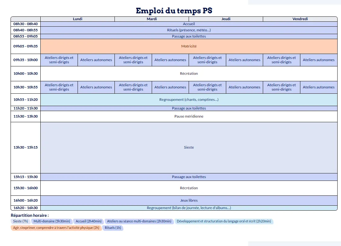 Modèle d'emploi du temps Petite Section - aperçu