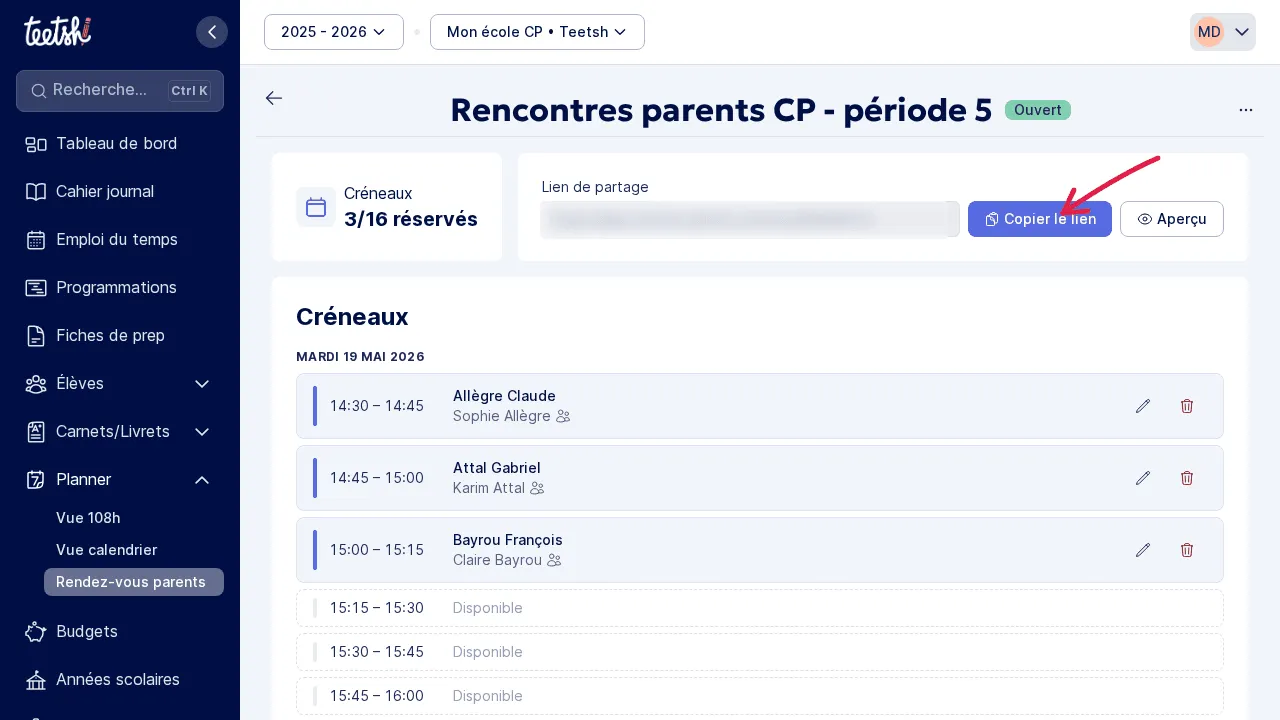 Partage : copiez le lien de réservation pour l’envoyer aux familles.