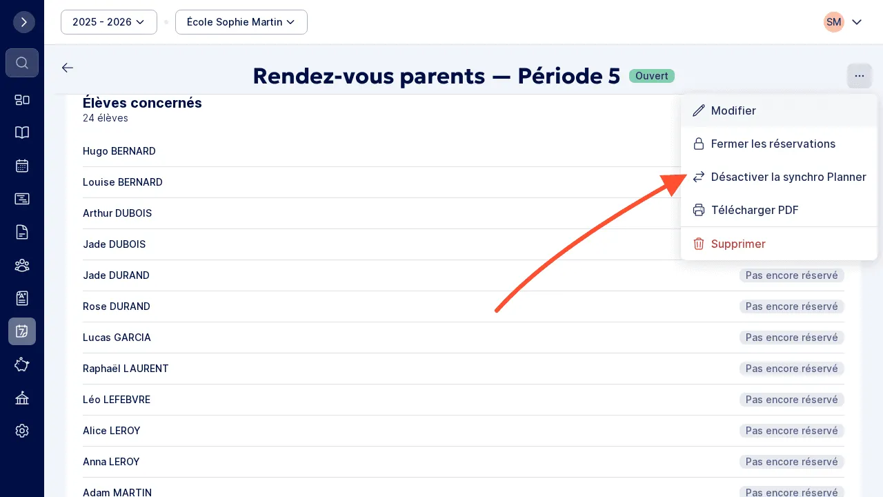 Menu Actions : option pour activer ou désactiver la synchronisation avec le Planner.