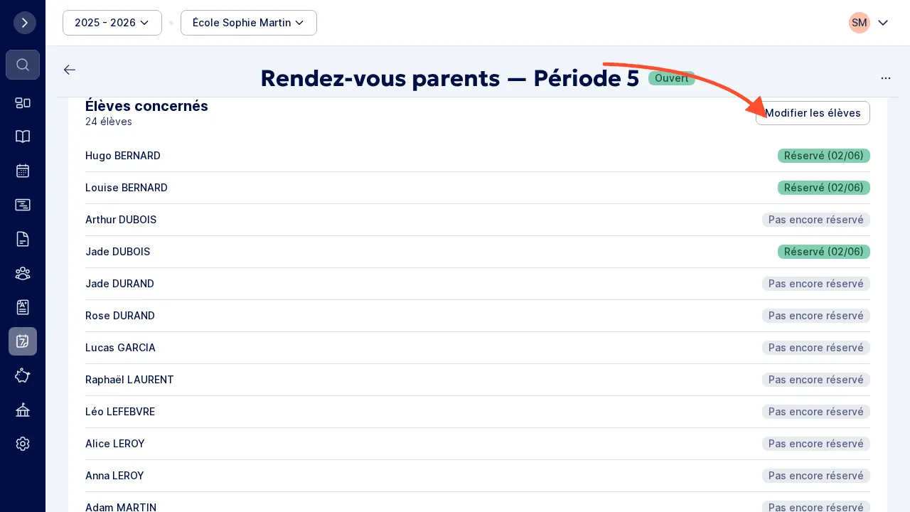 Modifier les élèves : bouton accessible depuis la campagne pour ajouter ou retirer des élèves a posteriori.