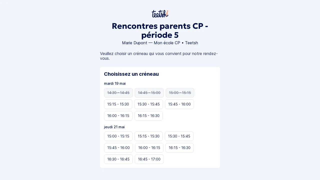 Vue parent : sélection d’un créneau depuis le lien public.