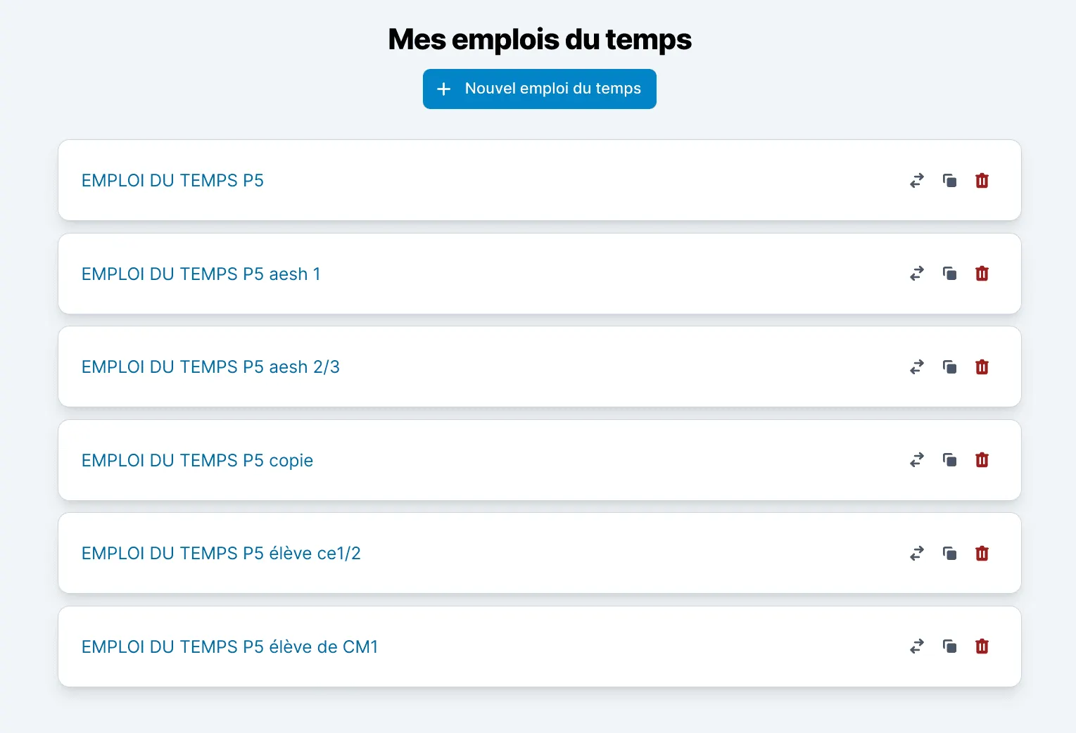 Aperçu de la liste des emplois du temps