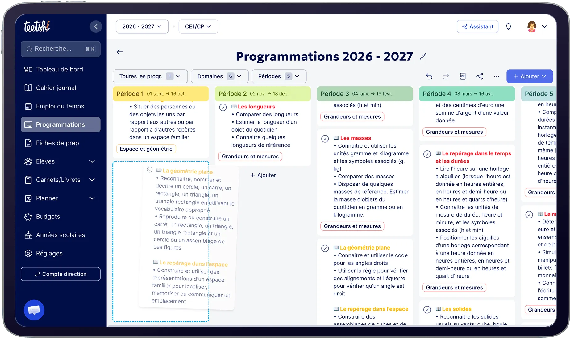 Aperçu - Glisser-déposer éléments de programmation et progression - Teetsh