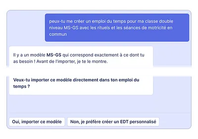 screenshot d'une conversation avec l'assistant IA de Teetsh pour gérer son emploi du temps