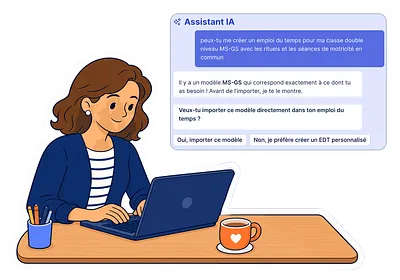 sticker PE travaille sur laptop avec screenshot de sa demande à l'assistant IA