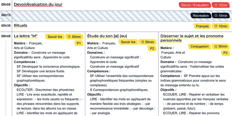 Exemple du journal de classe pour triple niveau P1 P2 P3