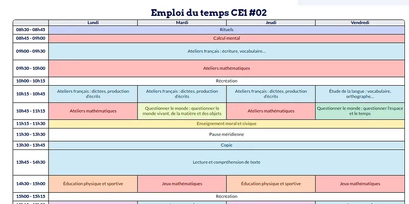 Modèle d'emploi du temps CE1 - aperçu