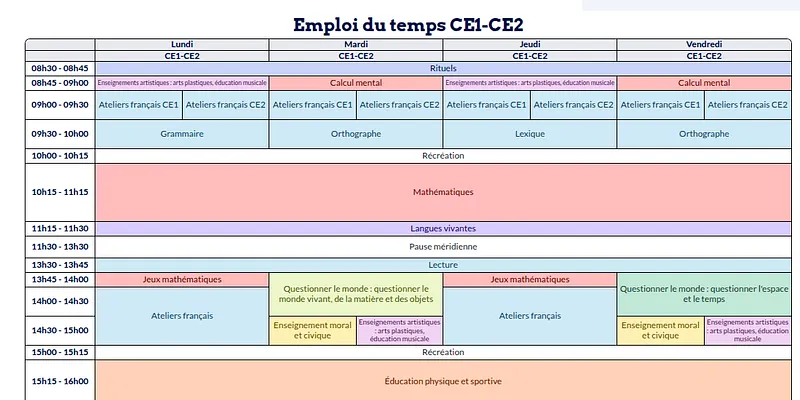 Modèle d'emploi du temps CE1-CE2 - aperçu