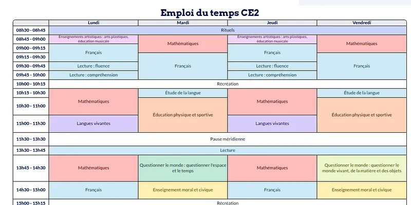 Modèle d'emploi du temps CE2 - aperçu