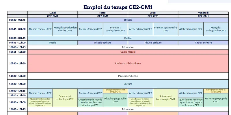 Modèle d'emploi du temps CE2-CM1 - aperçu