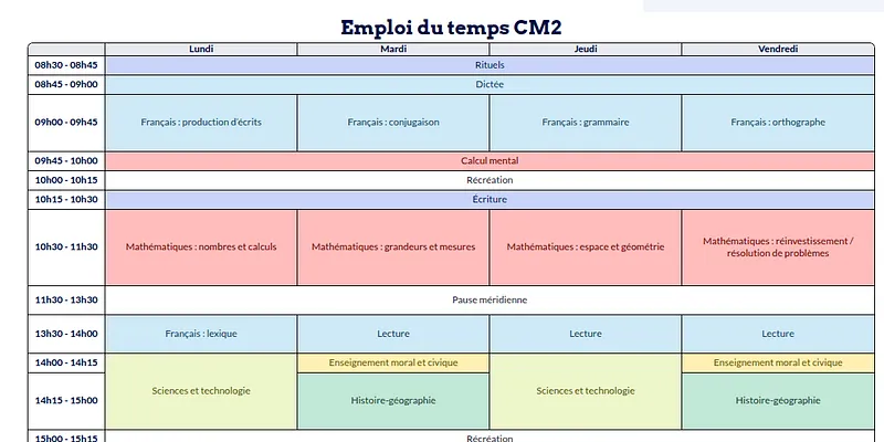 Modèle d'emploi du temps CM2 - aperçu