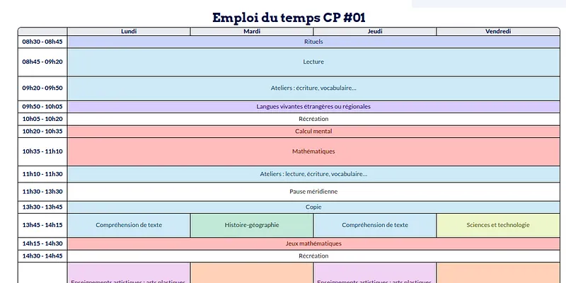 Modèle d'emploi du temps CP - aperçu