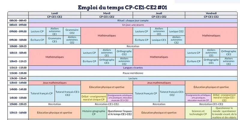 Modèle d'emploi du temps CP-CE1-CE2 - aperçu