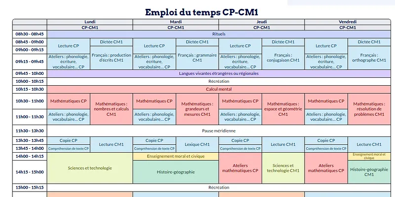 Modèle d'emploi du temps CP-CM1 - aperçu