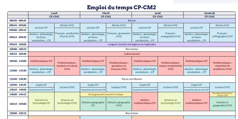 Modèle d'emploi du temps CP-CM2 - aperçu