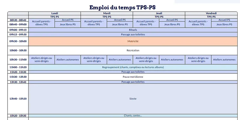 Modèle d'emploi du temps Maternelle - aperçu