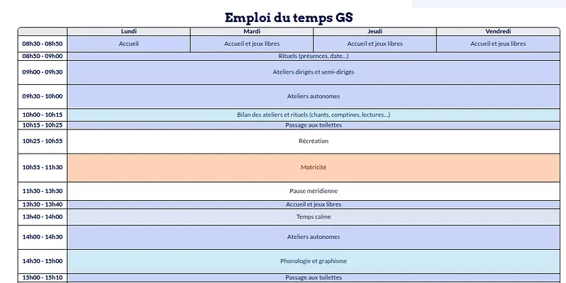 Modèle d'emploi du temps Maternelle - aperçu