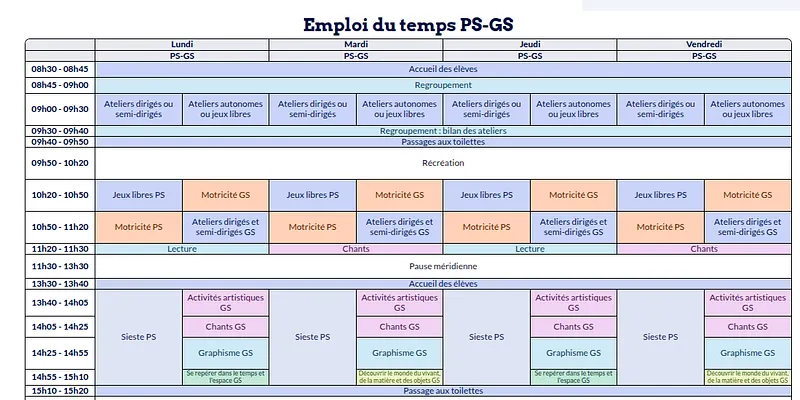 Modèle d'emploi du temps Maternelle - aperçu