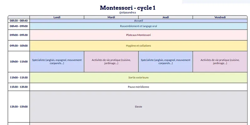 Modèle d'emploi du temps Montessori Cycle 1 - aperçu