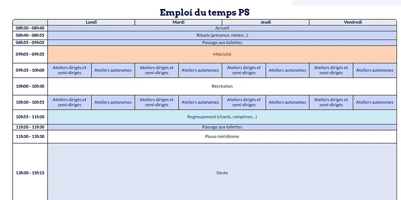 Modèle d'emploi du temps Petite Section - aperçu