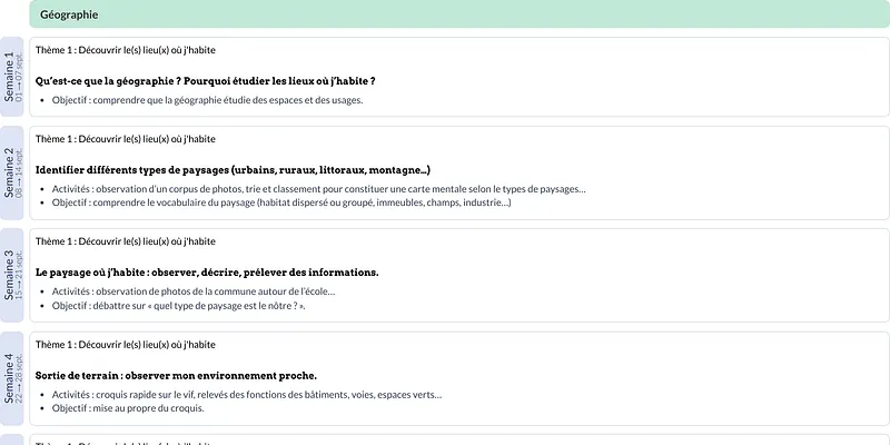 Modèle de programmation CM1 Histoire et géographie - aperçu