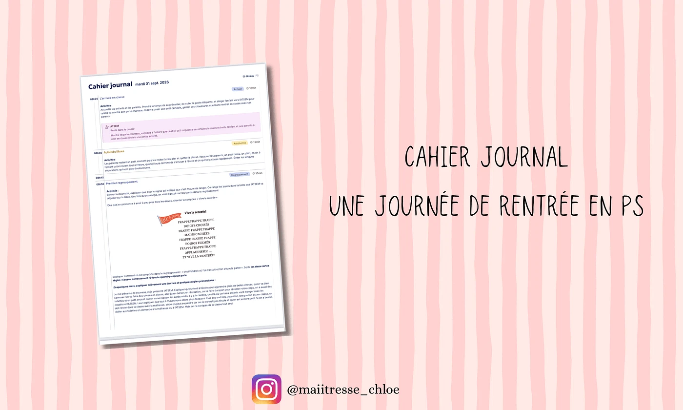 Cahier journal rentrée PS maiitresseChloe