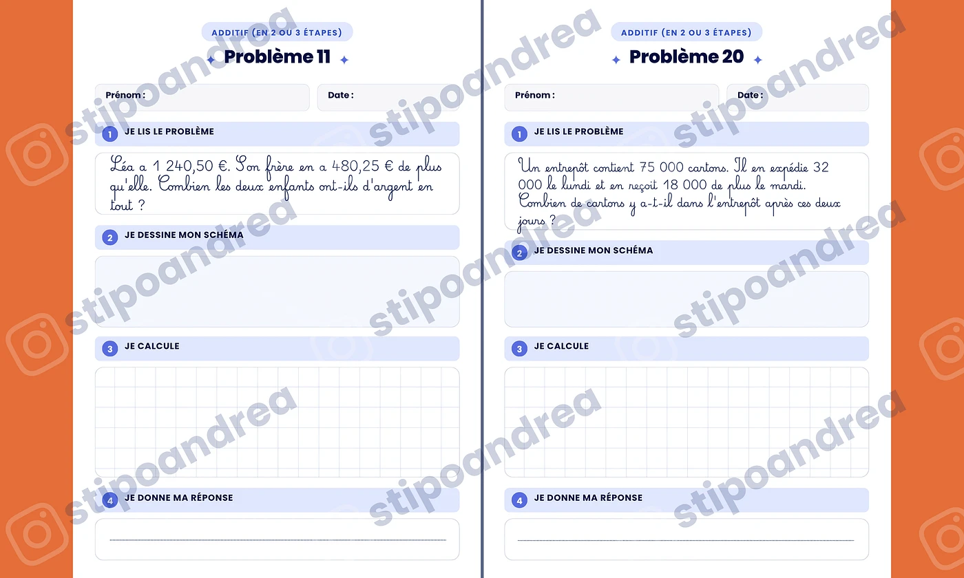 Aperçu problèmes maths à imprimer CM1