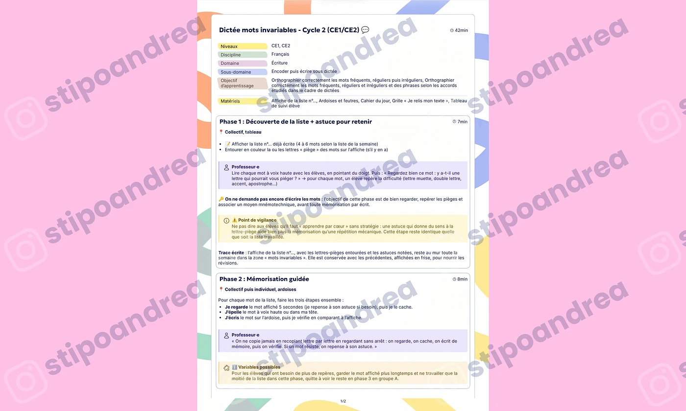 Aperçu Dictée mots invariables Cycle 2
