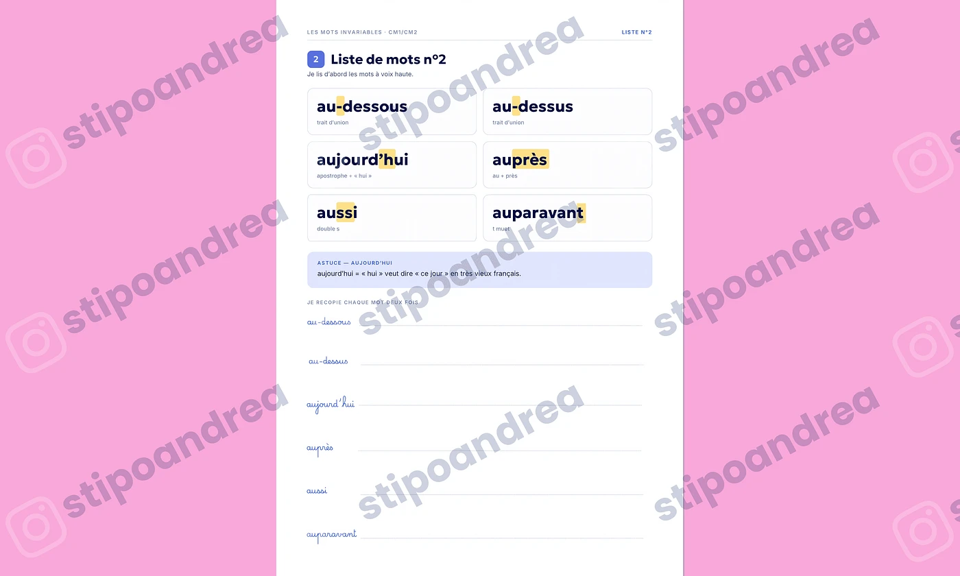 Aperçu Dictée mots invariables