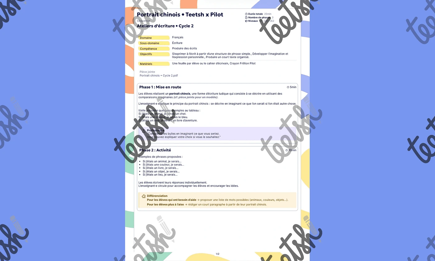 Aperçu Teetsh Ateliers Écriture Cycle 2 Fiche de Prep