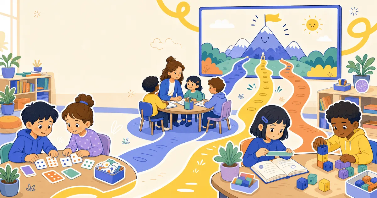 Illustration : une classe de primaire où les élèves apprennent par des chemins différents vers un même objectif, métaphore de la différenciation pédagogique.