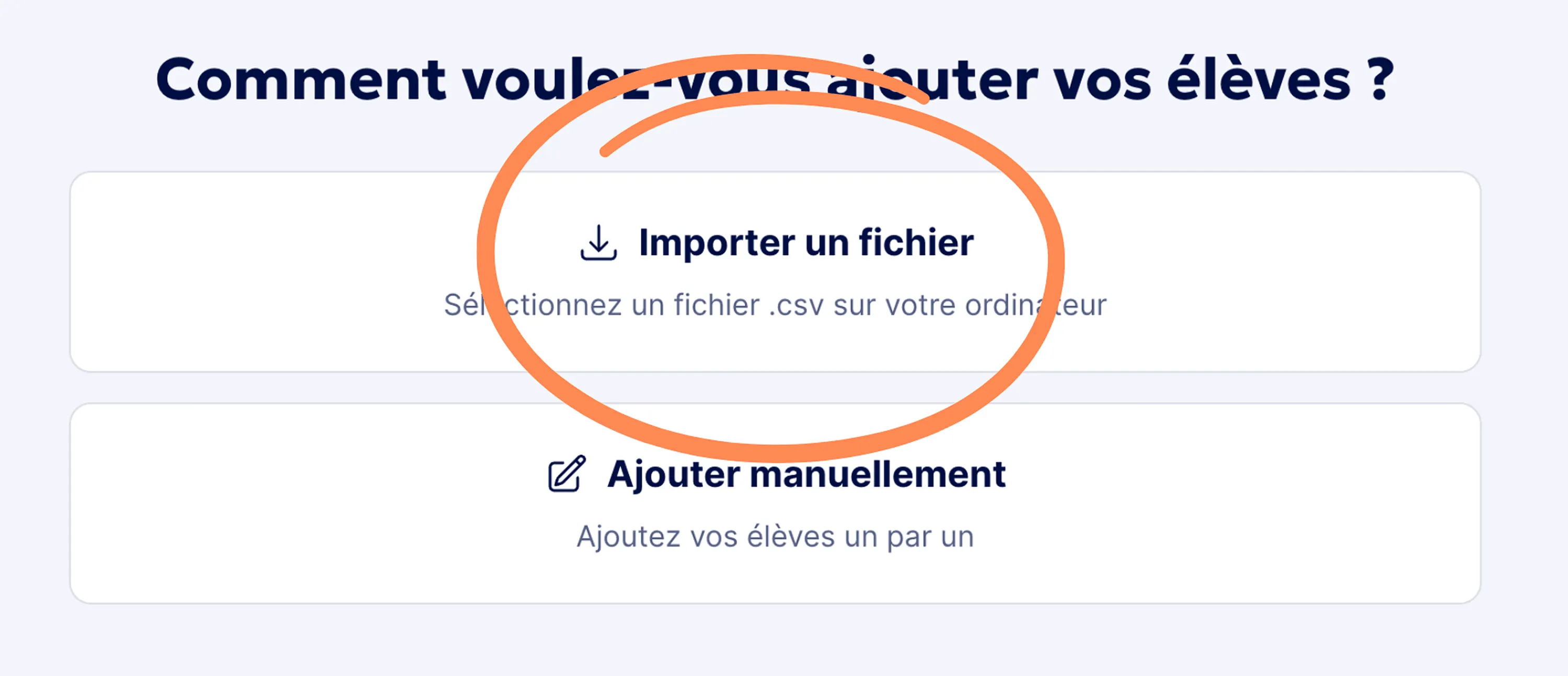 Aperçu options d'ajout d'élèves - Import