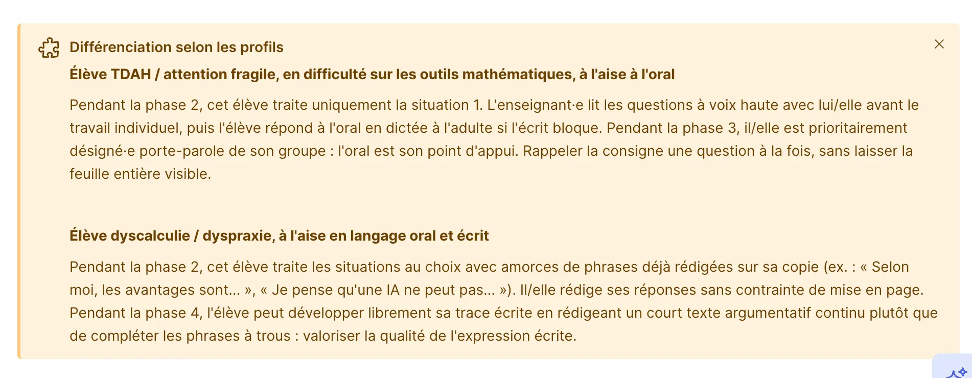 Encadré Différenciation selon les profils généré par Teetsh dans une fiche de préparation, avec une consigne concrète phase par phase pour chaque élève.