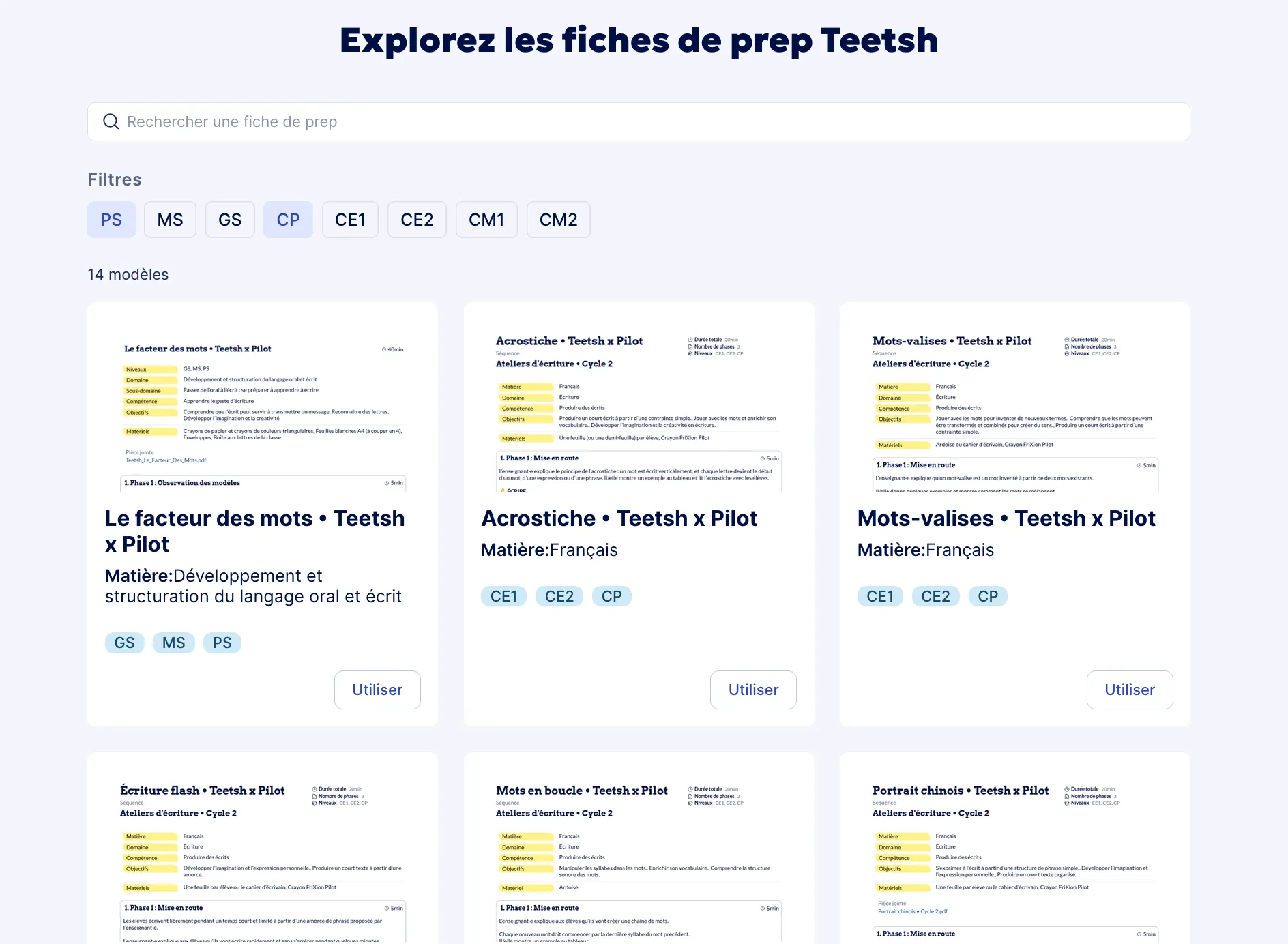 bibliothèque de fiches de prep dans Teetsh