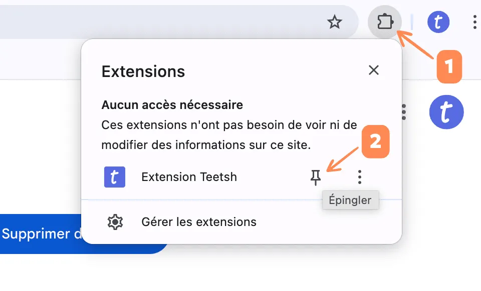 Aperçu Étapes pour épingler l'extension Teetsh sur Chrome