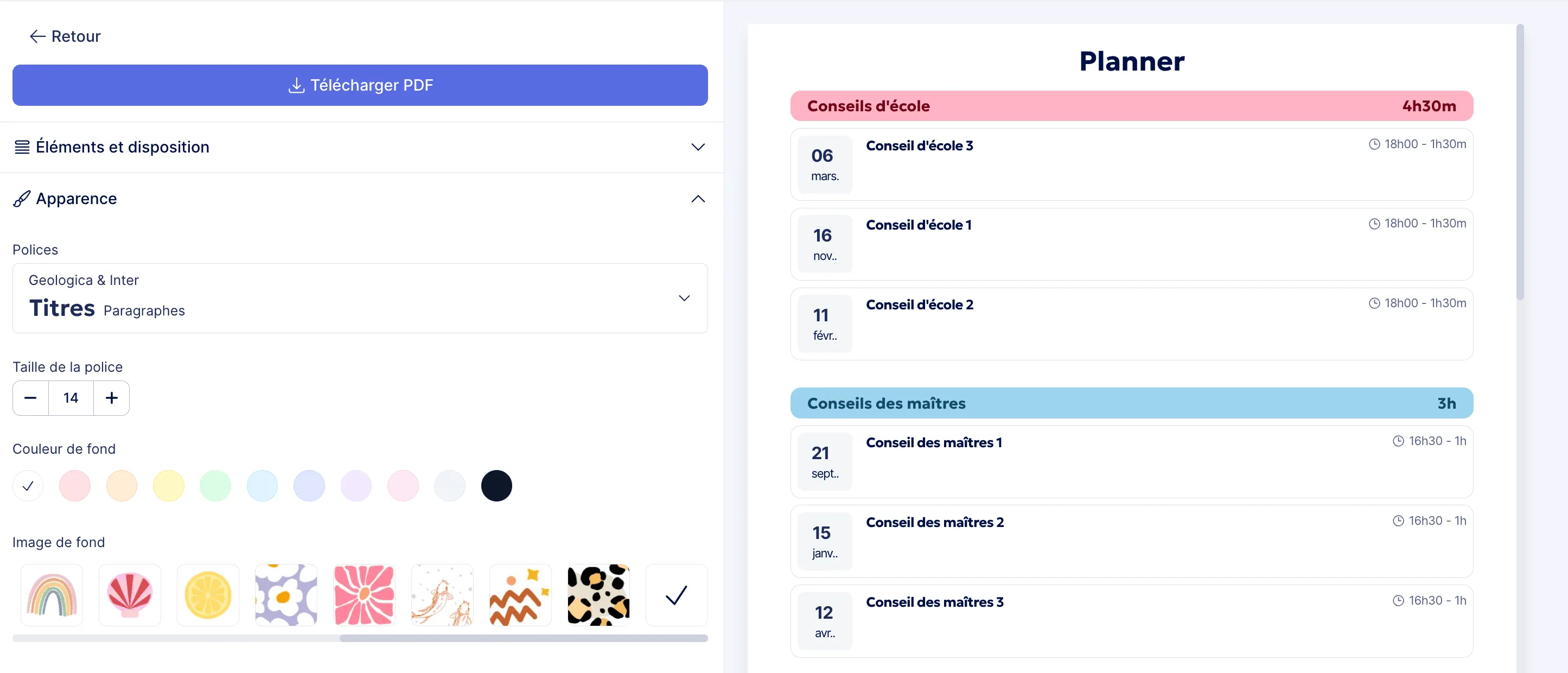 Aperçu et téléchargement du planner en PDF