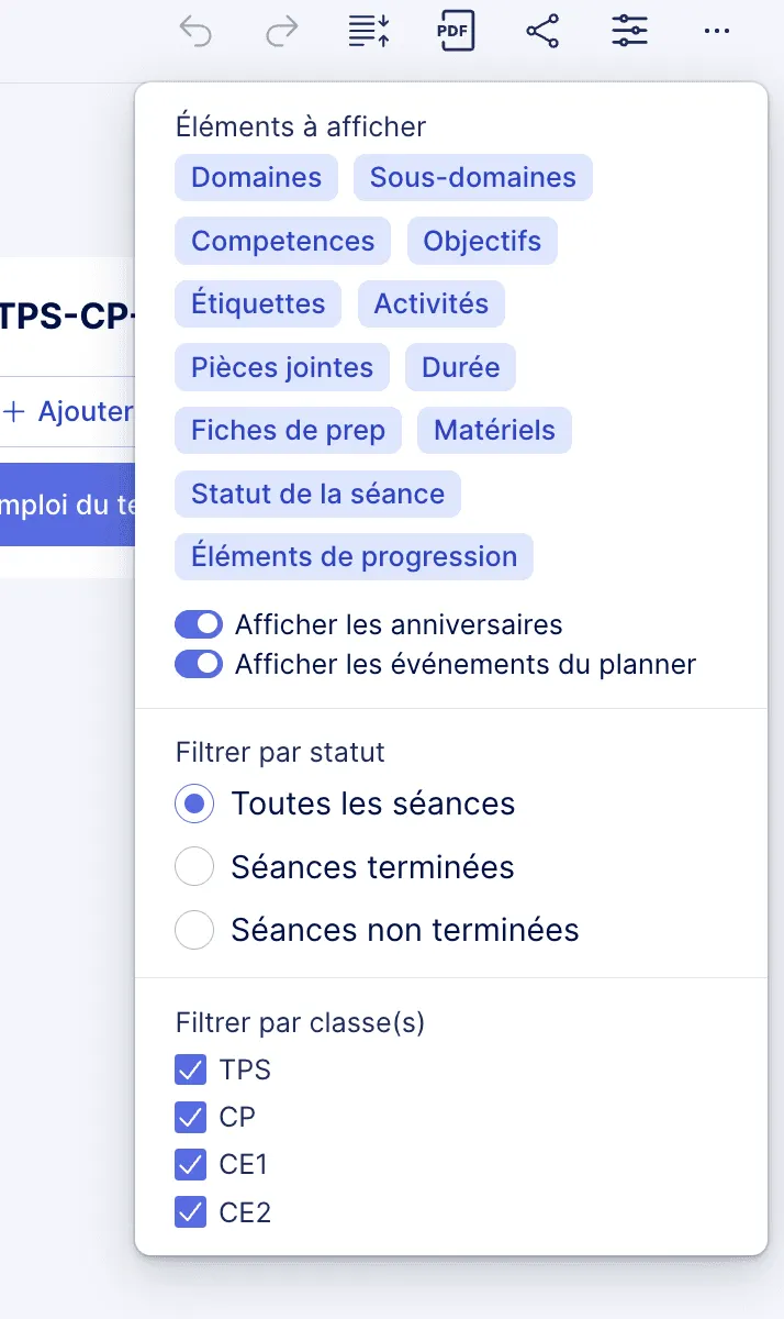 Options d'affichage du cahier journal
