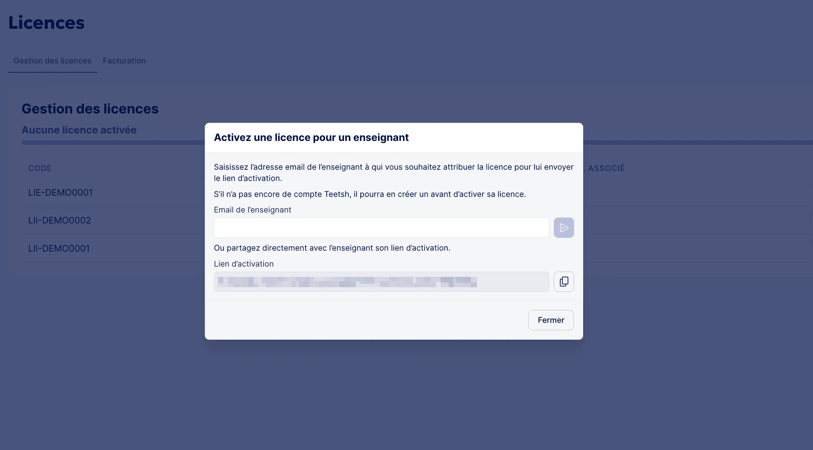 Ecran d'activation des licences