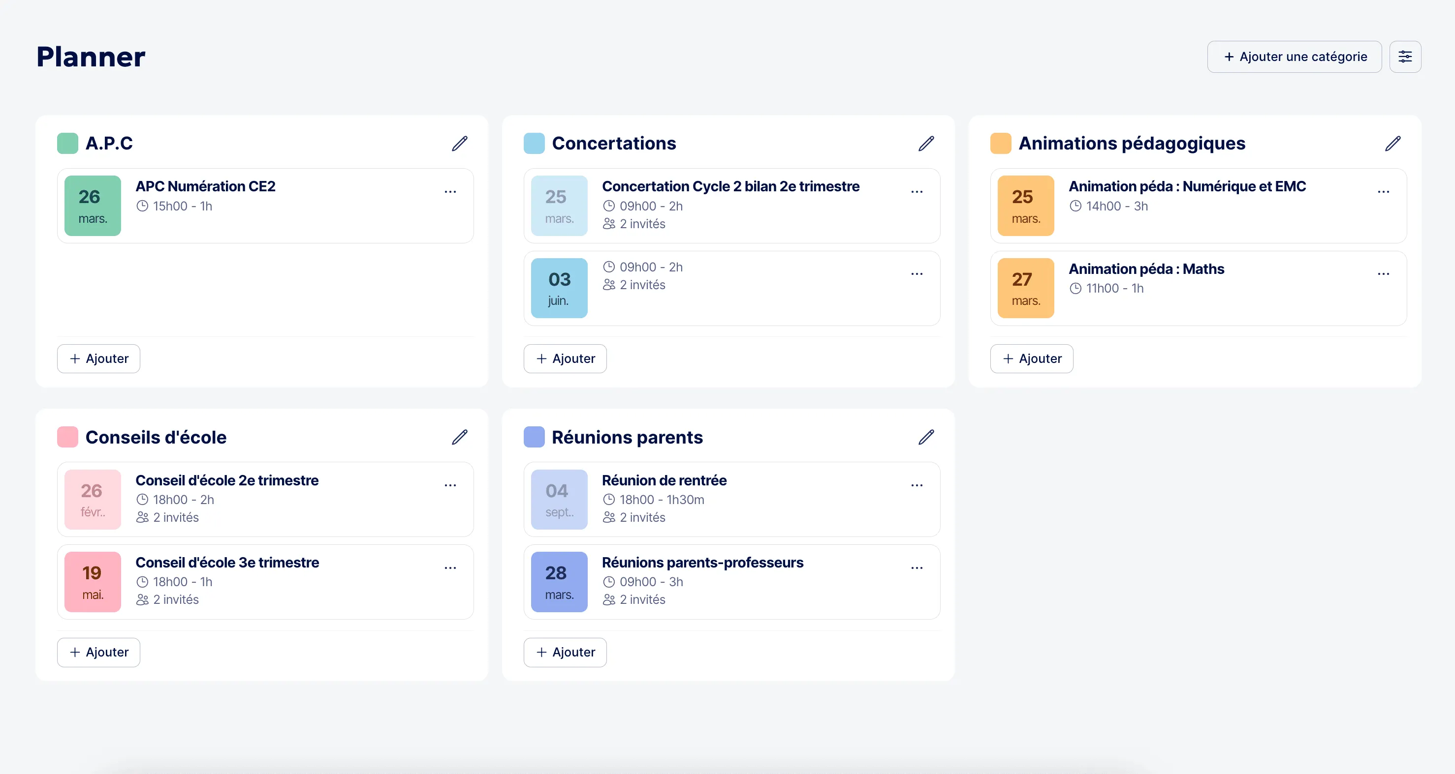 Vue des événements du planner