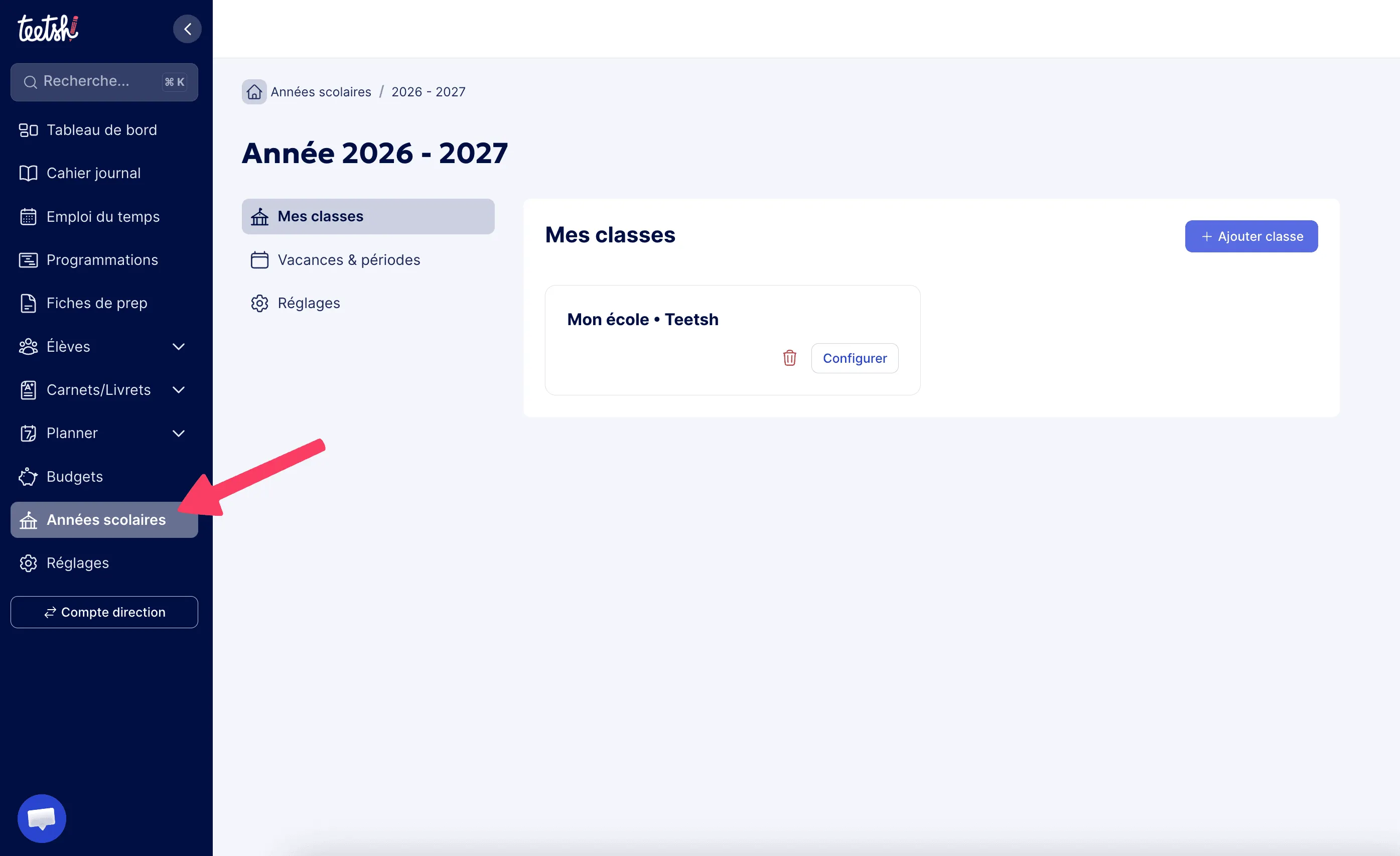 Accéder au menu 'Années scolaires'