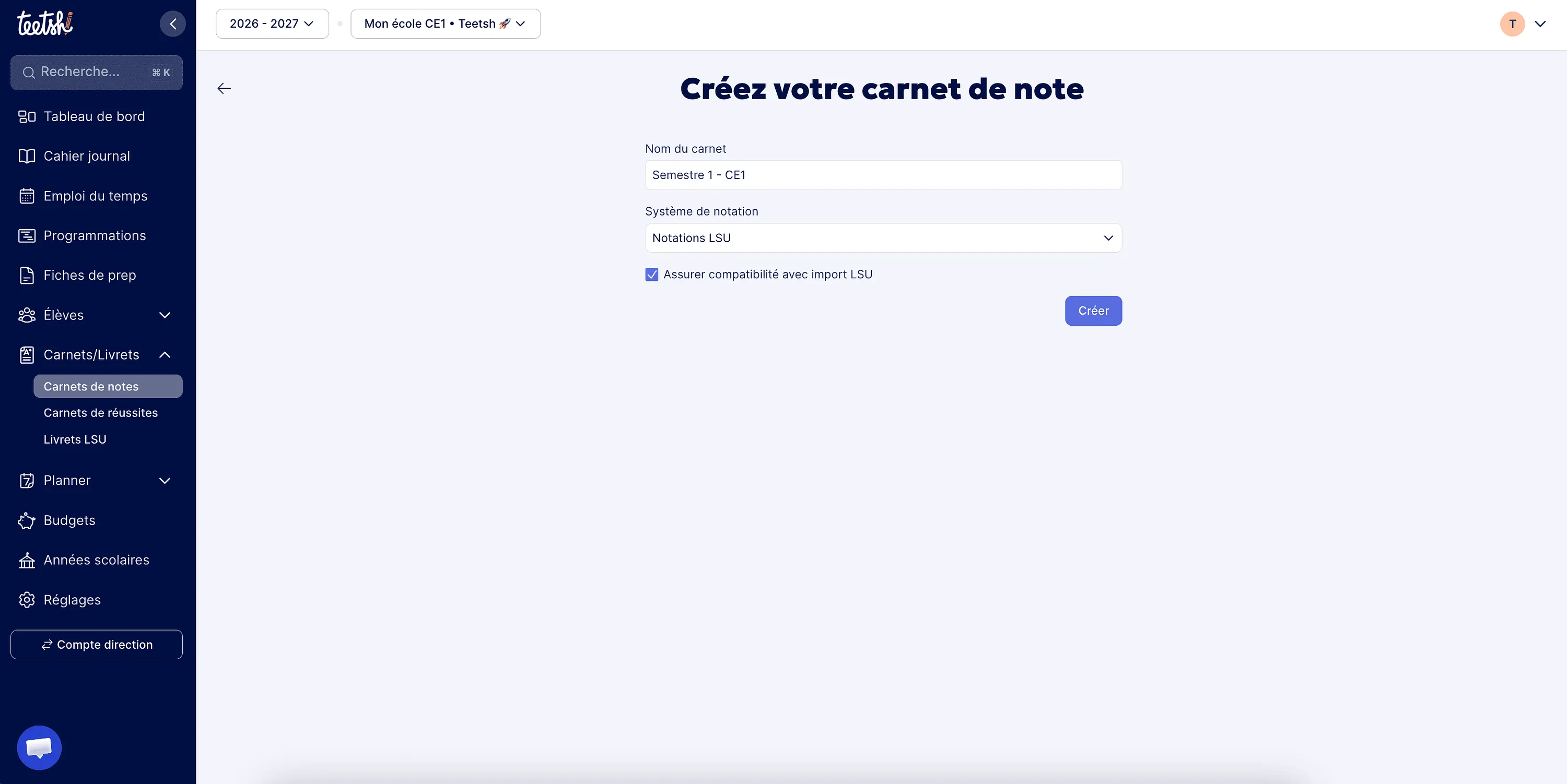 Écran de création d'un carnet de notes