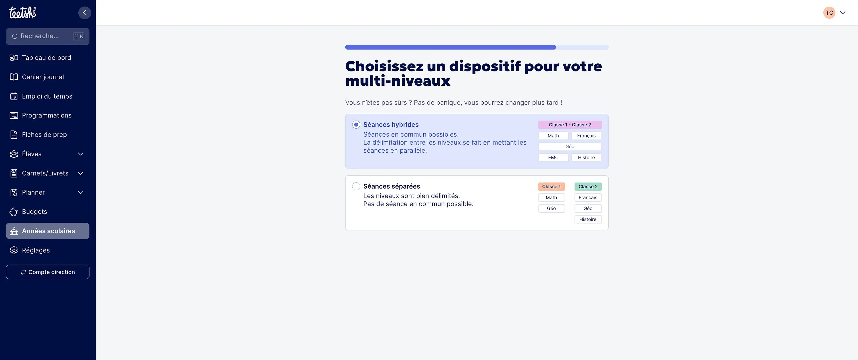 Choix [Séances hybrides] en multiniveau