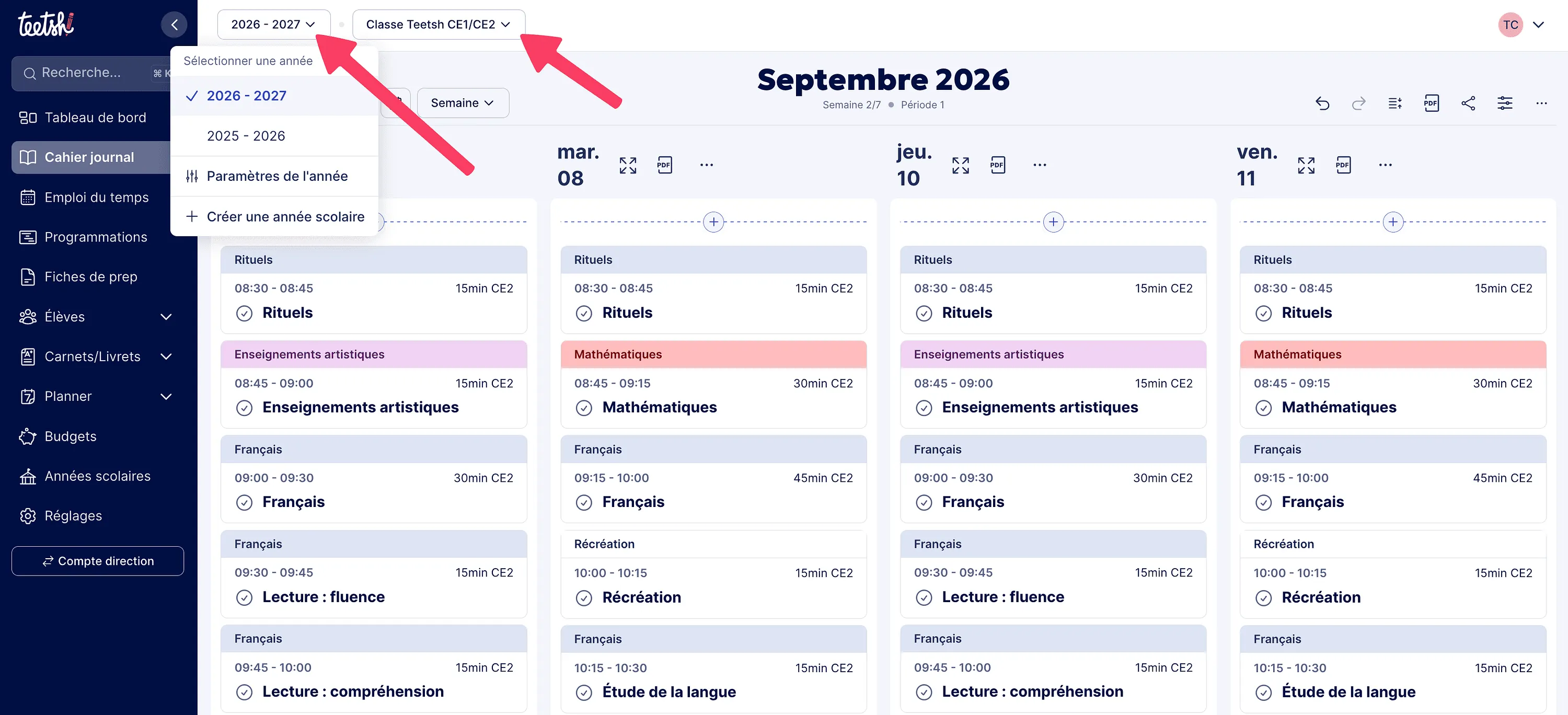Sélection de l’année scolaire et/ou de classe pour retrouver d’anciens contenus