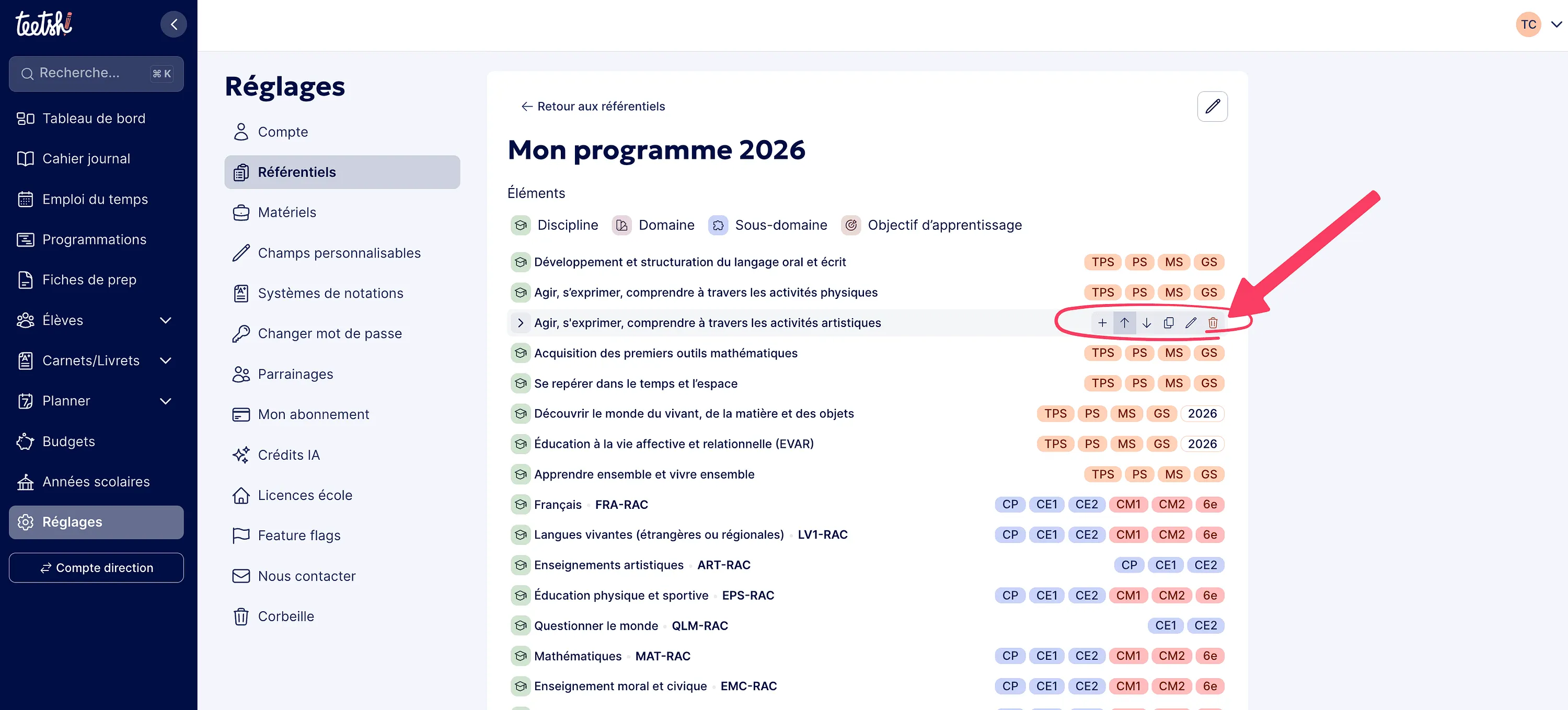 Affichage des actions disponibles au survol d’une ligne